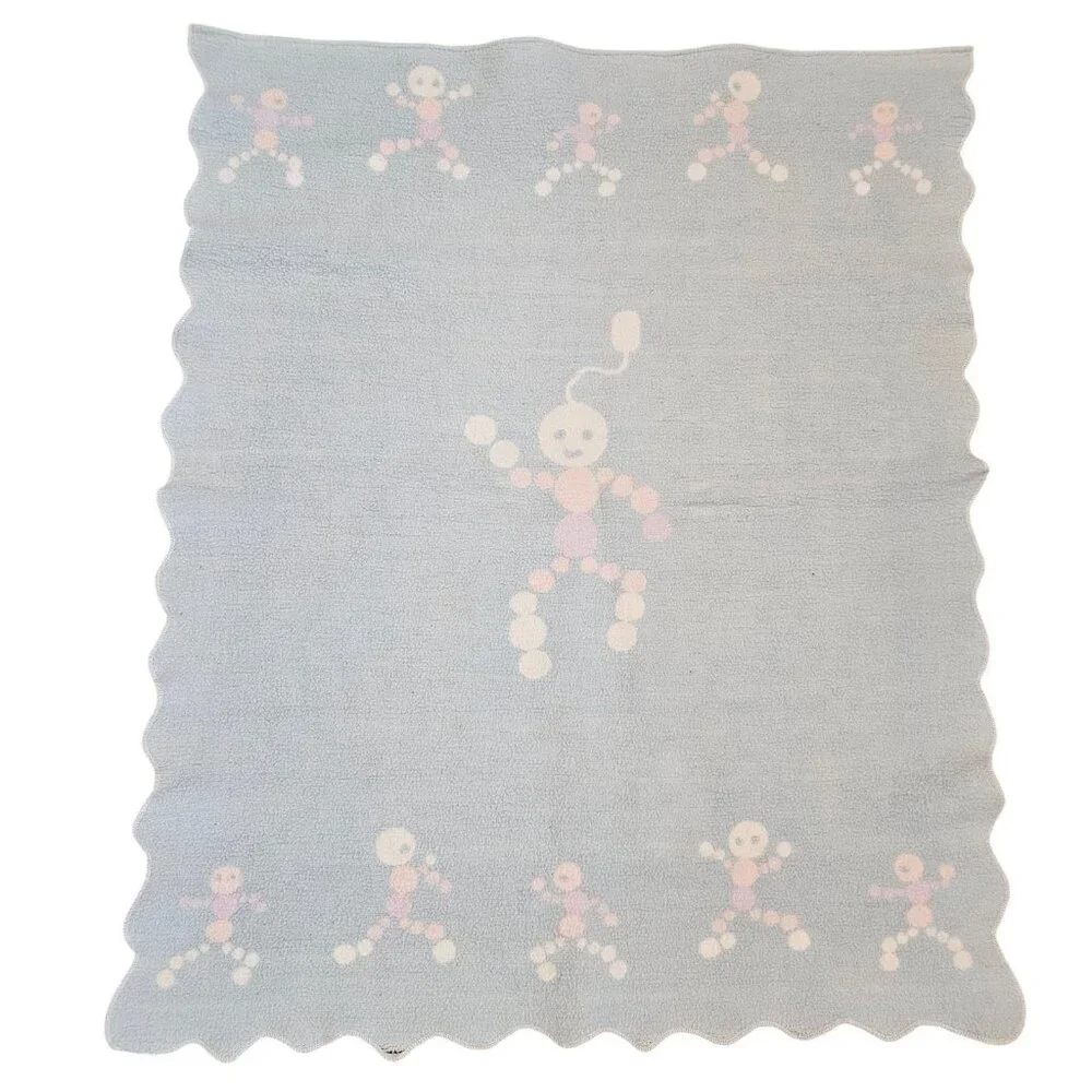 Vintage 1950s‎ Baby Blanket Reversible Blue White Scalloped Edge Circles Fleece